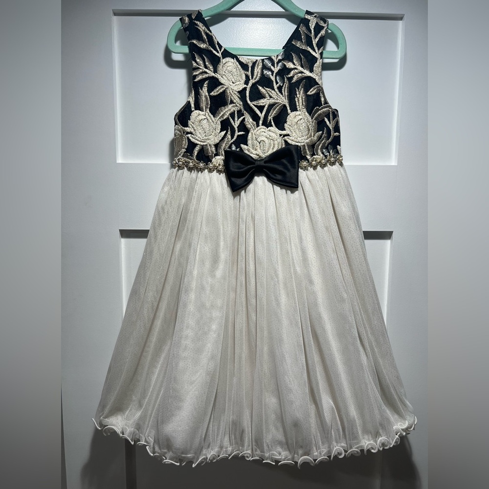 American Princess Girls Size 6 Black Gold Ivory Floral Party Dress Tulle Formal